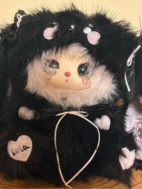 Black & Pink Plush Kids Hooded Accessory - Cute Heart Design